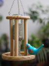 Hanging Wooden Bird Feeder with Glass Bottle Dispenser & Perch Ring