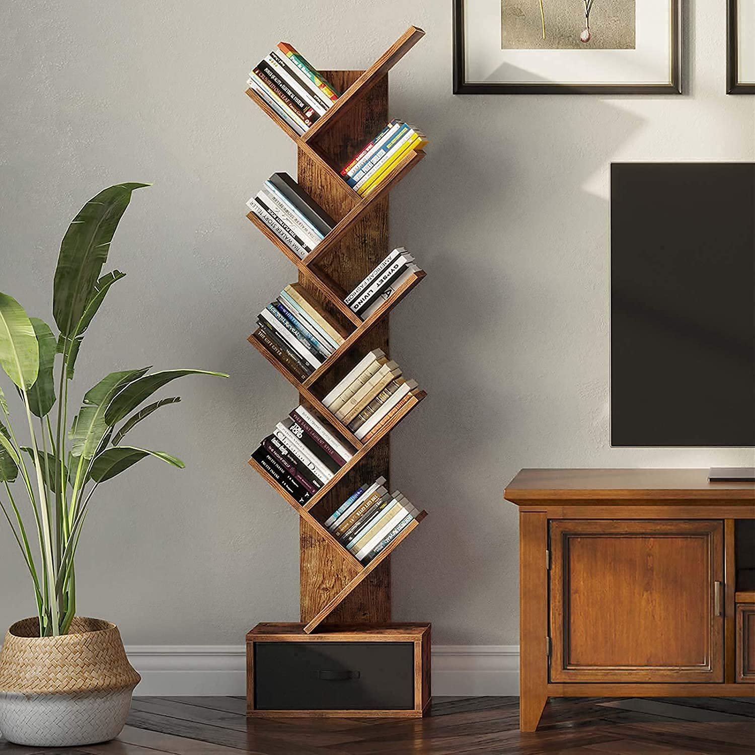 Wooden | Bookshelf for Home | Tree Book Shelf | Bookcase with Open 8 Shelf & One Drawer Storage | Tall Display Unit Book Stand | Rosewood, Honey Finish