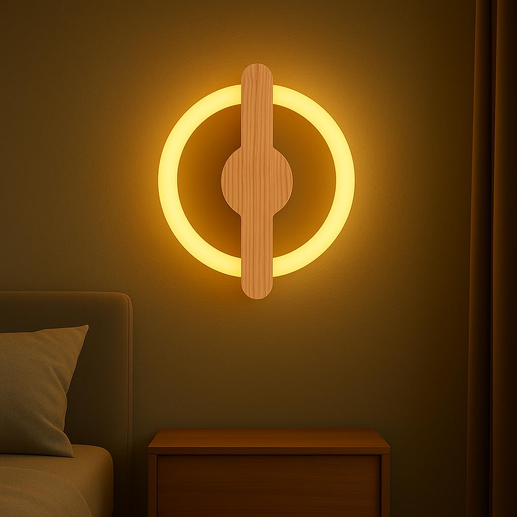 Wooden Ring LED Wall Lamp | 2-in-1 Rotatable Wall Mounting Design | Decorative Wall Sconce for Bedroom, Living Room, Office, Hotels & Restaurants | Warm White Glow | Modern Home Decor