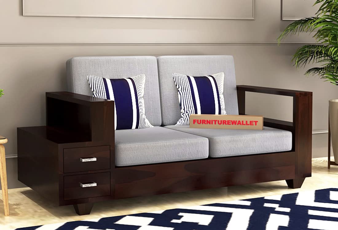 |Wooden Two Seater Sofa With Attached End Table & Shelf & 2 Drawers Storage For Home & Office|Rosewood, Walnut Finish Visit the GFH Store