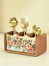 Premium Wooden Pastel Flora Cutlery Holder Spoon stand for kitchen | cutlery holder for dining table | wooden caddy storage organiser stand with 3 section Caddy holder (8.2x4.2x4 inch)
