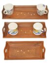 Wooden Serving Tray Set of 3 (Large 15x6 in, Medium 14x6 in and Small12x6 in) with Brass Work, Serving Platters and Trays for Party, Food and Tea Wooden Decorative Trays
