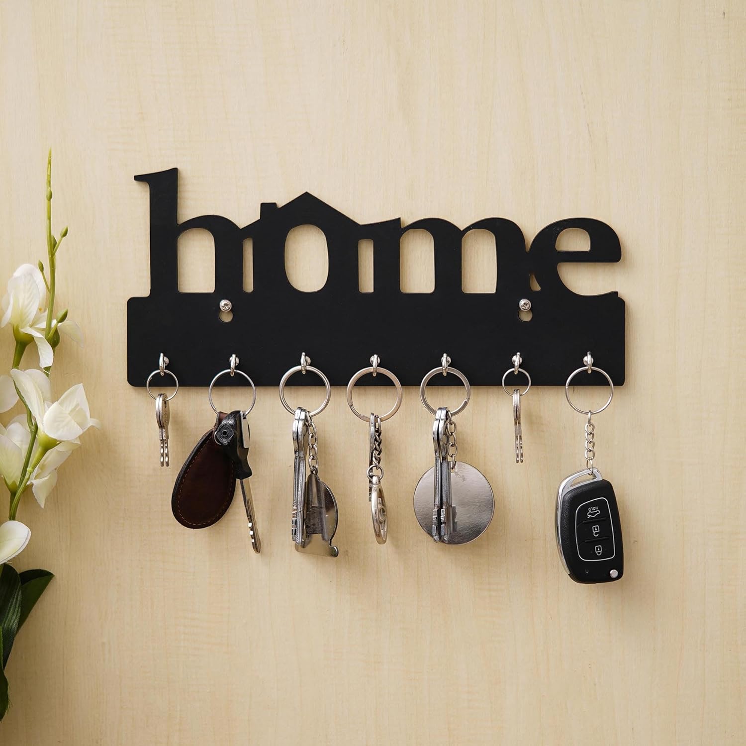 Wooden Key Holder (29 cm x 13.5 cm x 0.4 cm, Wood) 7 Hook - Decorative Items for Home Decor (Black)
